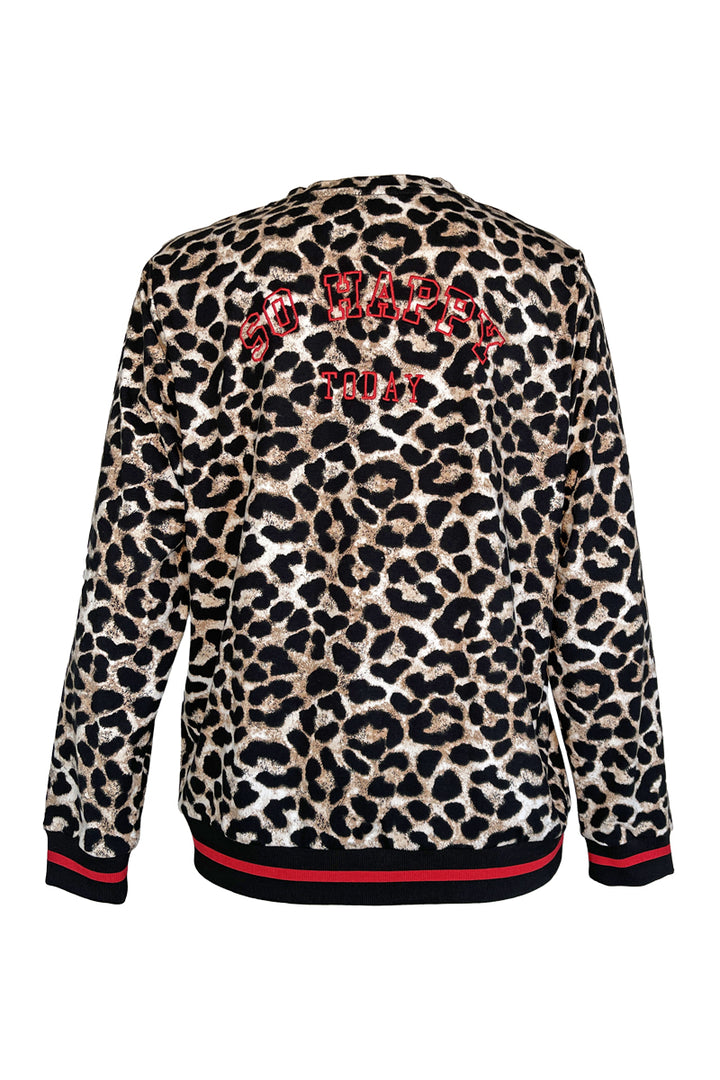 Chandail imprimé léopard avec finitions contrastantes et motif animalier, idéal pour un look sportif chic et polyvalent.
