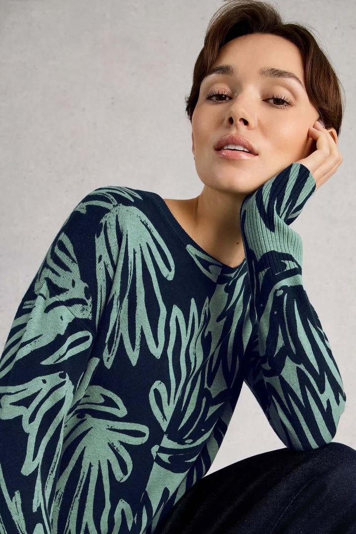 Chandail imprimé à manches longues Olive, silhouette confortable avec imprimé graphique, style décontracté féminin, col rond et finitions côtelées.