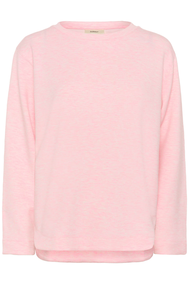 Chandail Gincent à manches longues coupe droite en rose, style minimaliste et décontracté, tissu doux avec encolure arrondie.