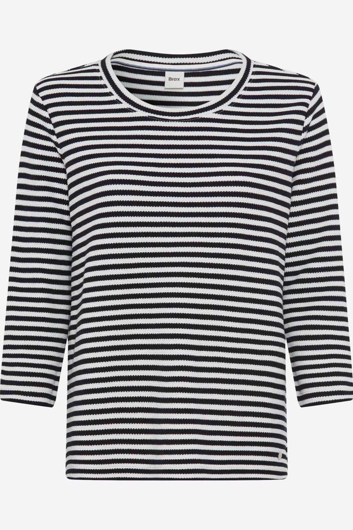 Chandail rayé Bonnie en pur coton noir et blanc, coupe droite et manches trois quarts, style décontracté et élégant.