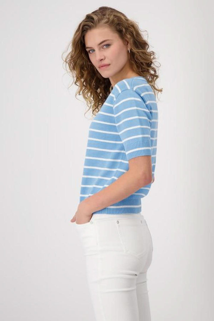 Chandail rayé en coton bleu avec manches courtes, porté avec un jean blanc, style décontracté et rétro.