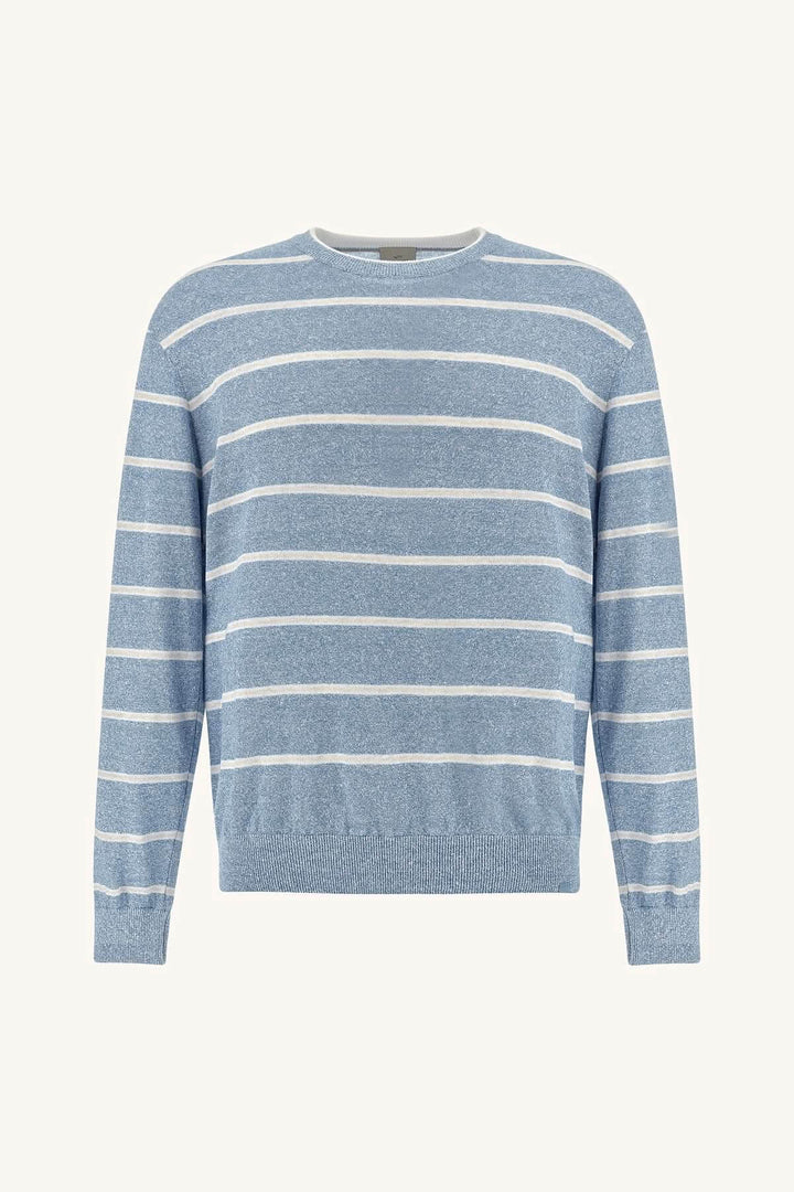 Chandail rayé en lin et coton Urukai, style Riviera, bleu et blanc, léger et estival, maille raffinée.
