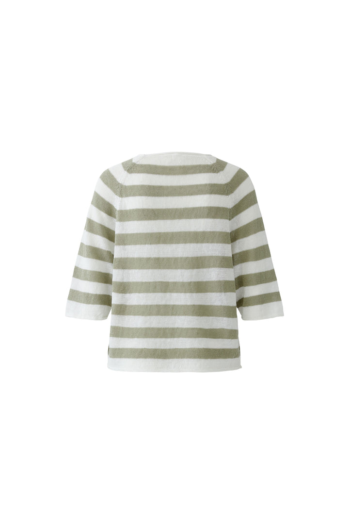 Chandail à rayures texturées manches trois-quarts vert et blanc avec coupe droite et encolure ronde, idéal pour tous styles.