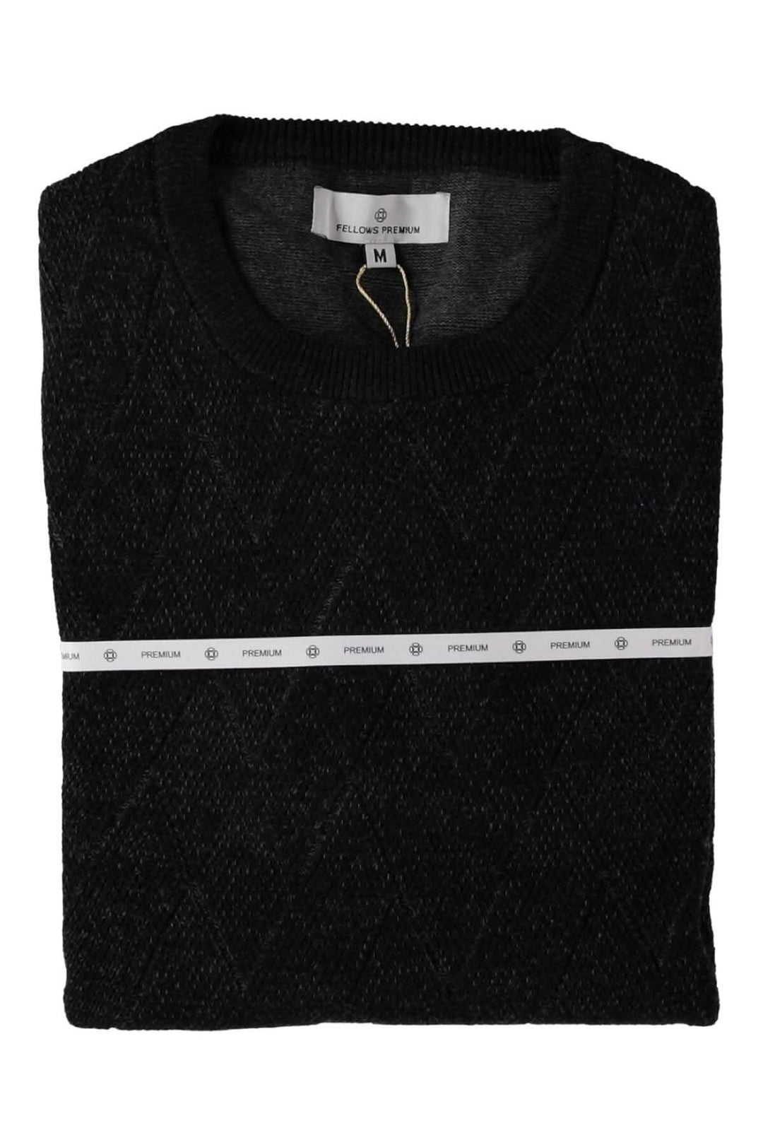 Chandail noir en tricot avec motif chevron, col rond côtelé, taille M, élégant et confortable pour votre garde-robe.