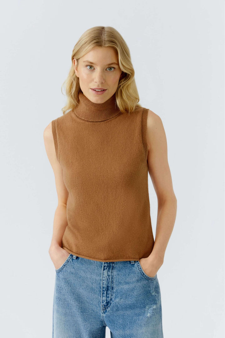 Chandail sans manches à col roulé, dos ajouré, en maille fine marron pour un look moderne et féminin.