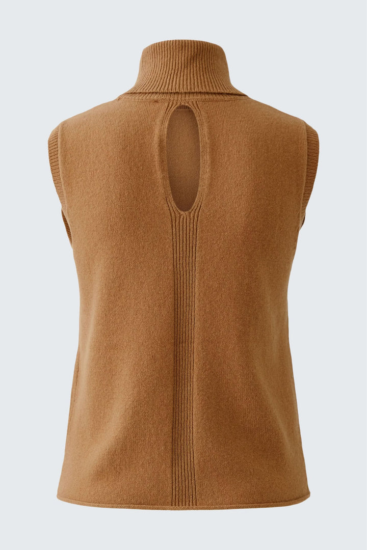 Chandail sans manches à col roulé, dos ajouré en maille fine marron, vu de dos, avec détail moderne et féminin.