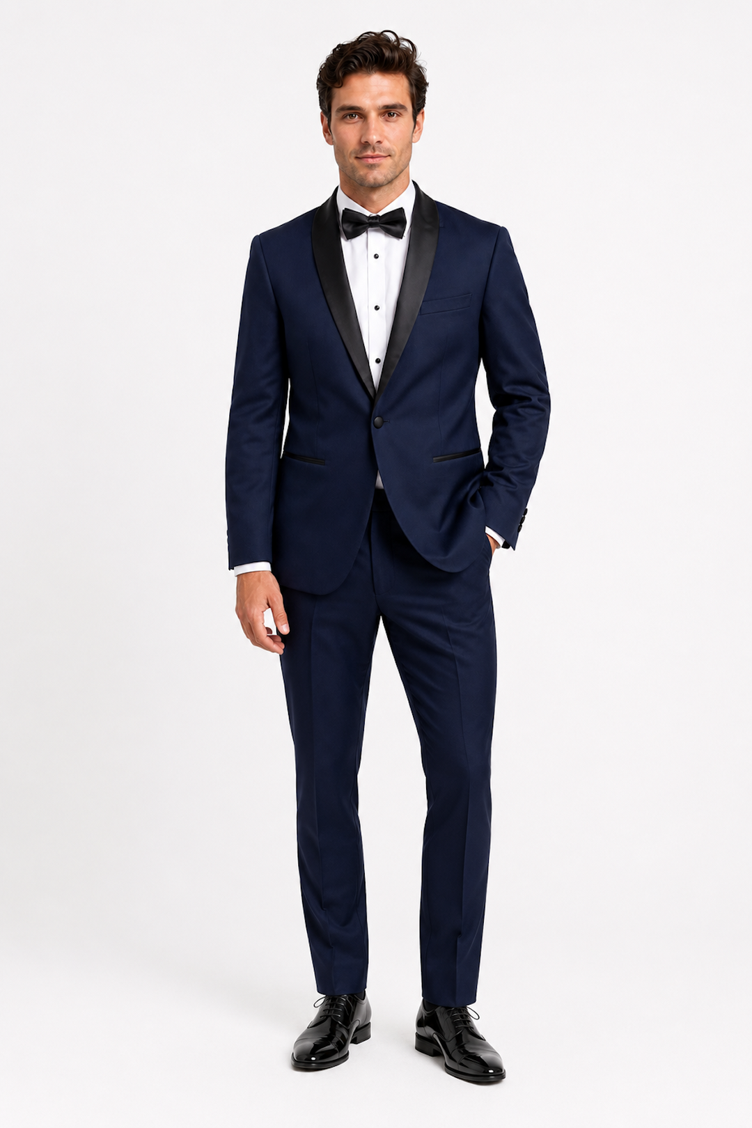 Full-length tuxedo with a satin shawl collar