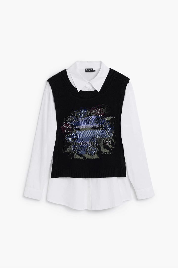 Chemise 2 en 1 avec chandail noir sans manches intégré, manches longues, col classique, effet superposé moderne et raffiné
