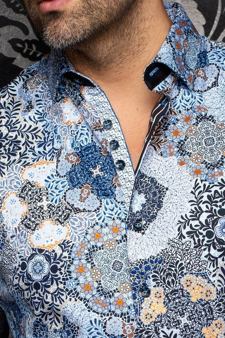 Chemise ASHAR avec imprimé artistique floral, coupe ajustée moderne, col classique, idéale pour un style élégant et original.