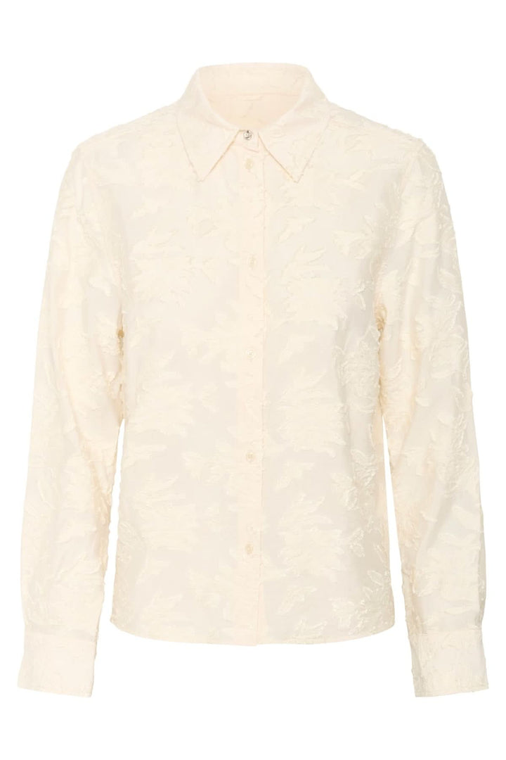 Chemise Vilya à relief floral ton sur ton en viscose semi-transparente avec col classique et manches longues, élégante et raffinée.