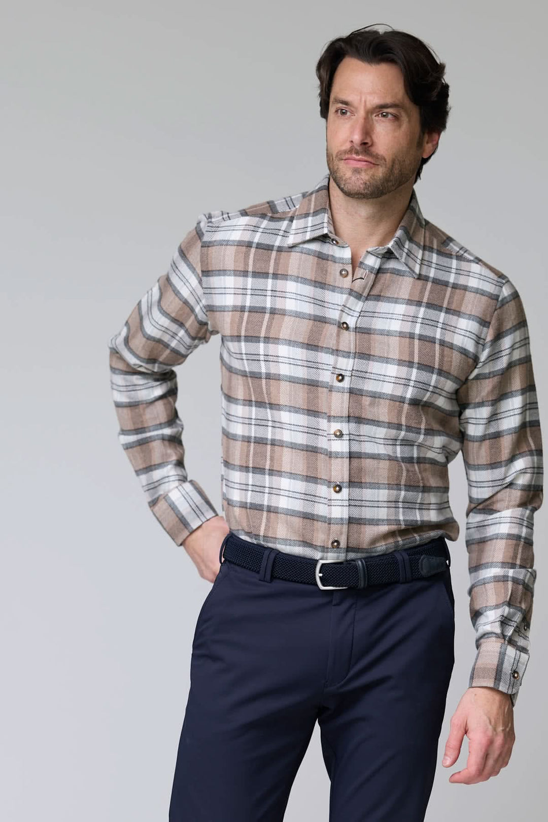 Beige and gray herringbone plaid shirt