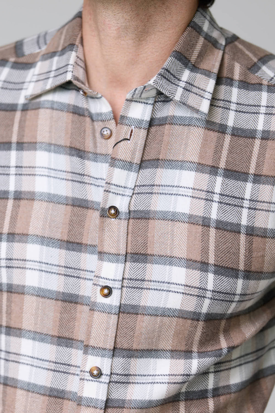 Beige and gray herringbone plaid shirt