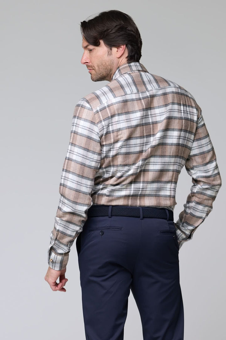 Beige and gray herringbone plaid shirt
