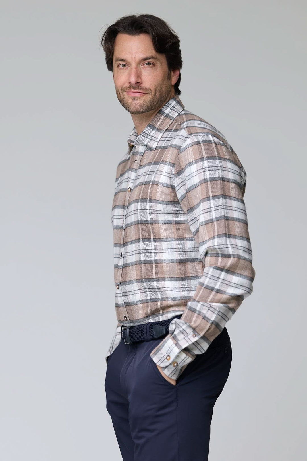Beige and gray herringbone plaid shirt