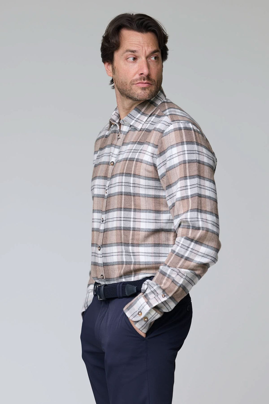 Beige and gray herringbone plaid shirt