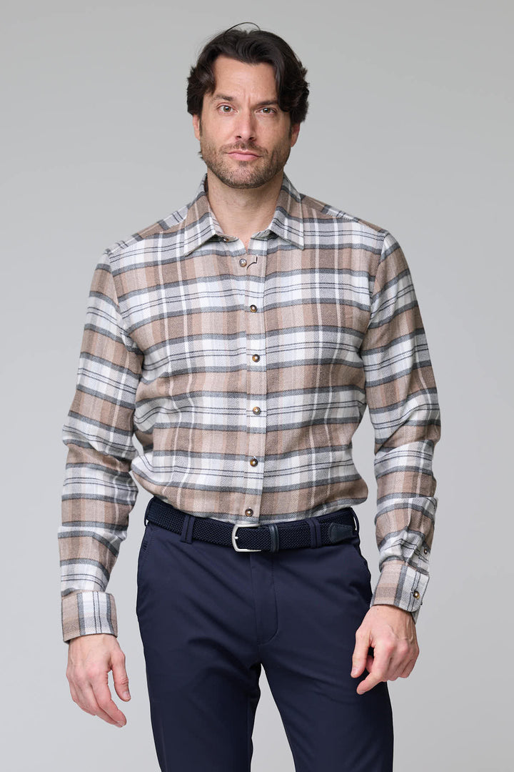 Beige and gray herringbone plaid shirt
