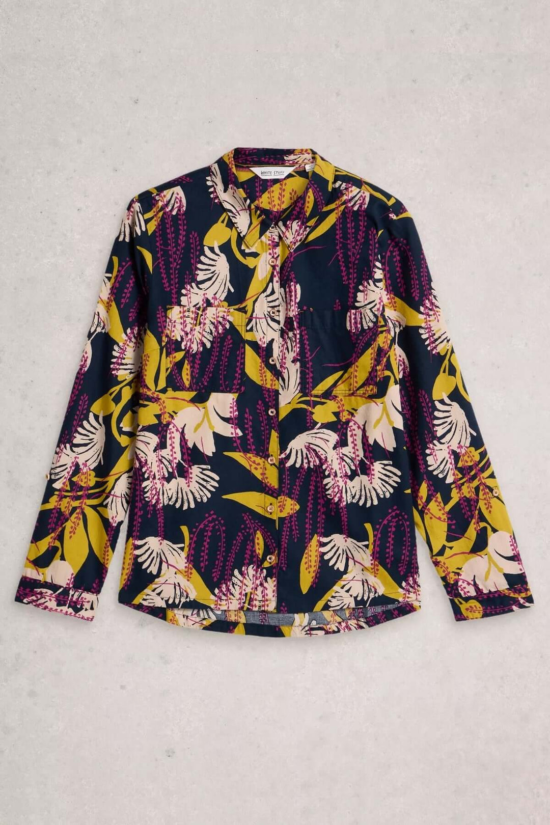 Chemise en coton manches retroussables avec motif floral, col classique, poches poitrine et tissu léger.