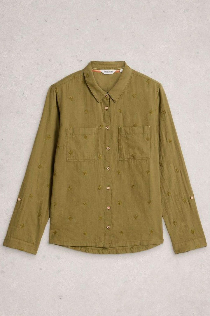 Chemise en coton manches retroussables avec col classique et poches poitrine, couleur kaki, ourlet arrondi, tissu léger et respirant.