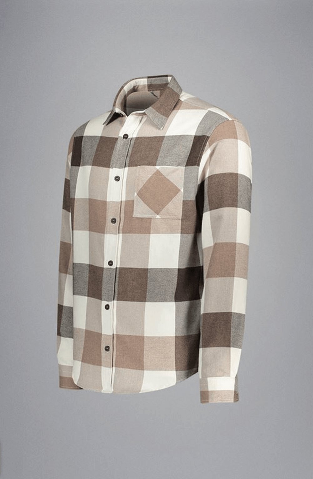 Chemise en flanelle à grands carreaux neutres, motif beige et brun, col classique, flanelle brossée douce et chaude.