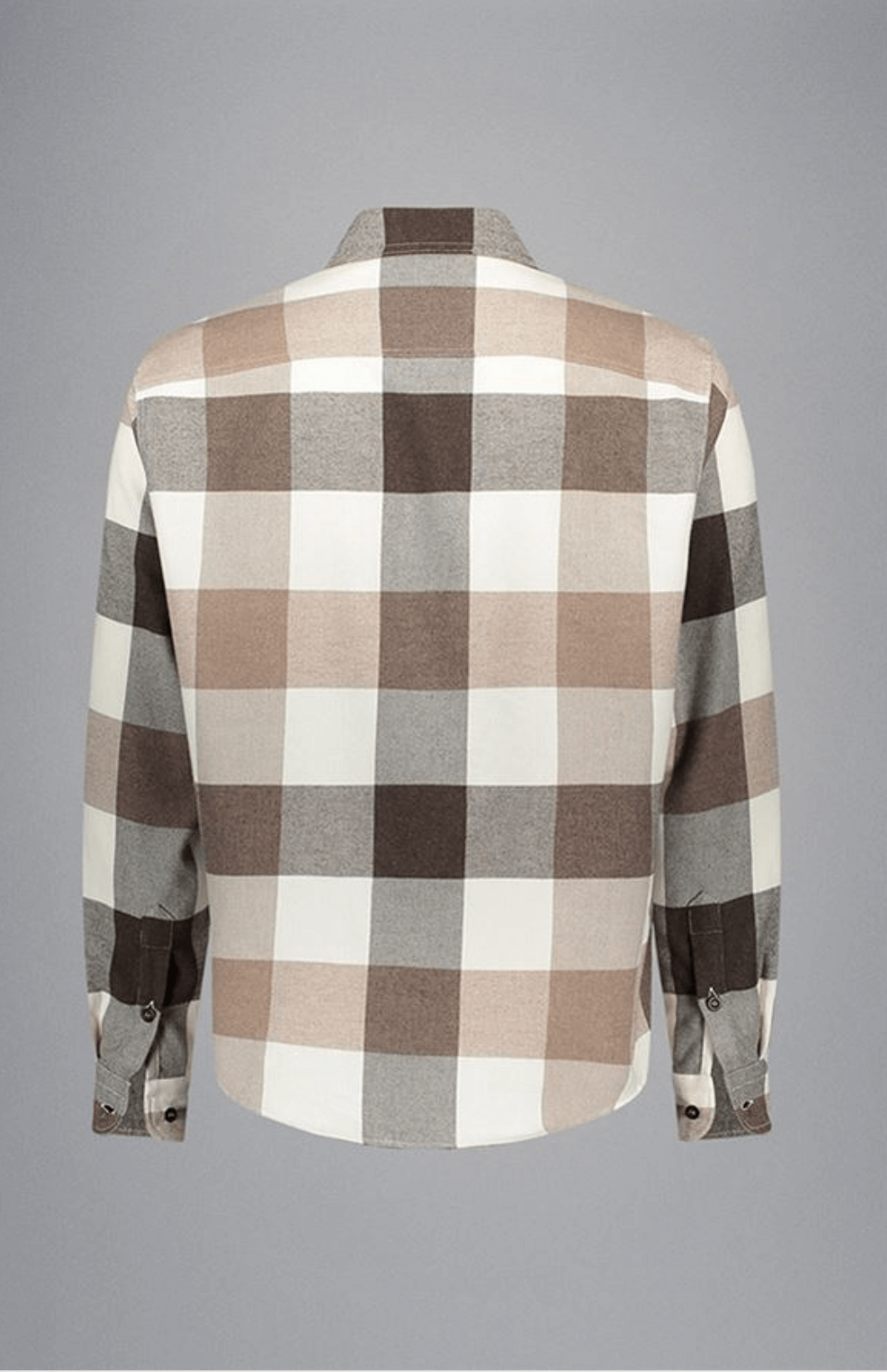 Chemise en flanelle à grands carreaux neutres dans des teintes naturelles vue de dos.