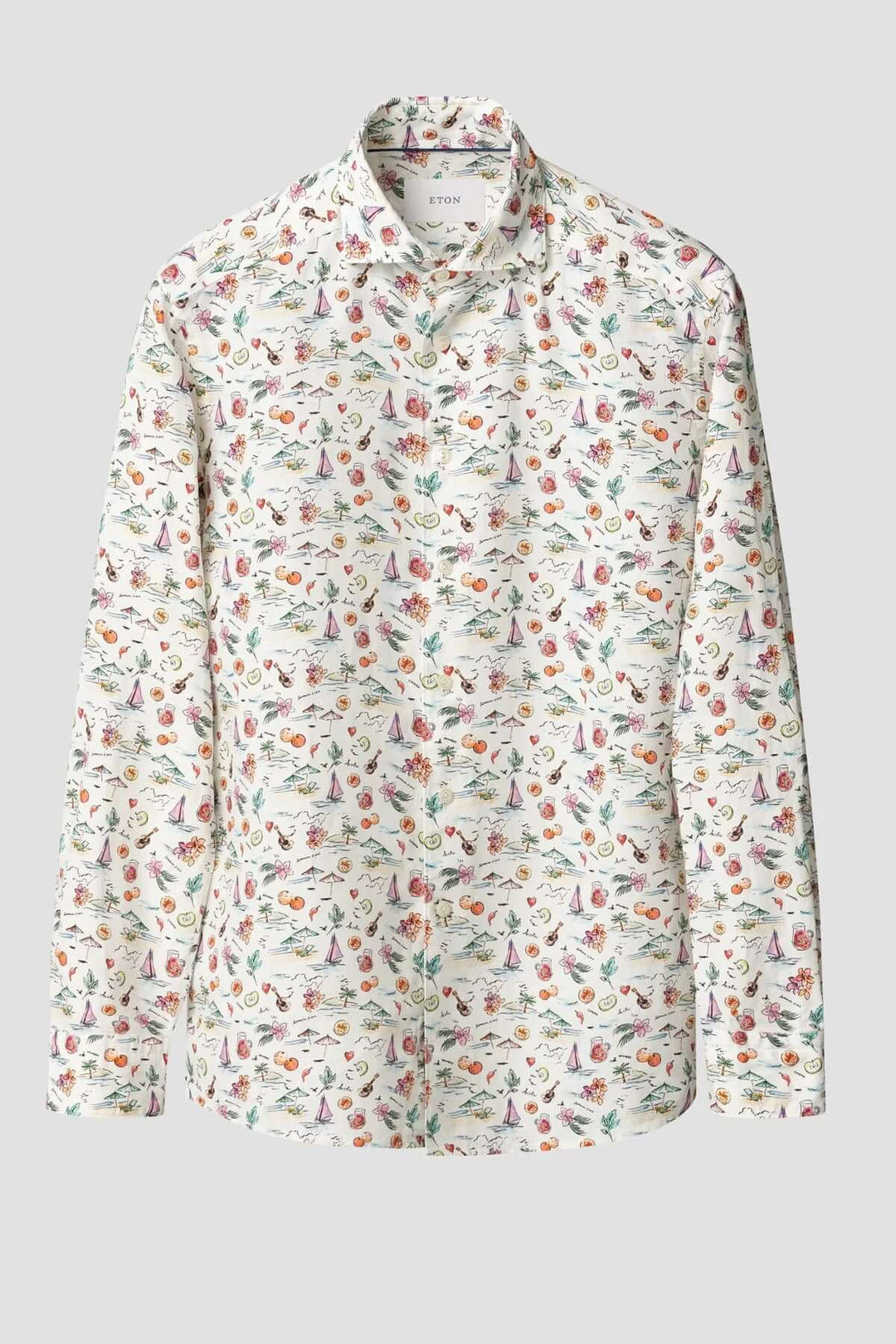 Chemise en lin légère avec imprimé estival coloré de fruits et parasols, parfaite pour une tenue d&