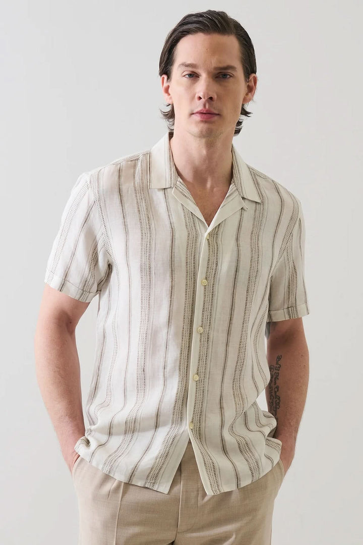 Dobby-striped linen shirt with a mandarin collar