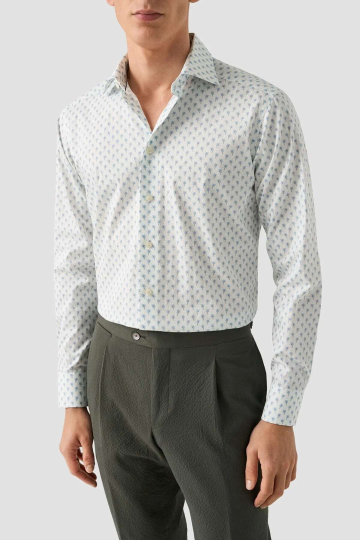 Chemise en sergé à motif palmier, col italien, élégante et confortable pour un look quotidien.