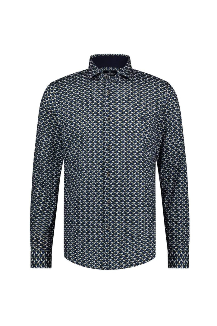Chemise à manches longues avec imprimé de cercles et carrés, élégante et décontractée, idéale pour le bureau ou les sorties.