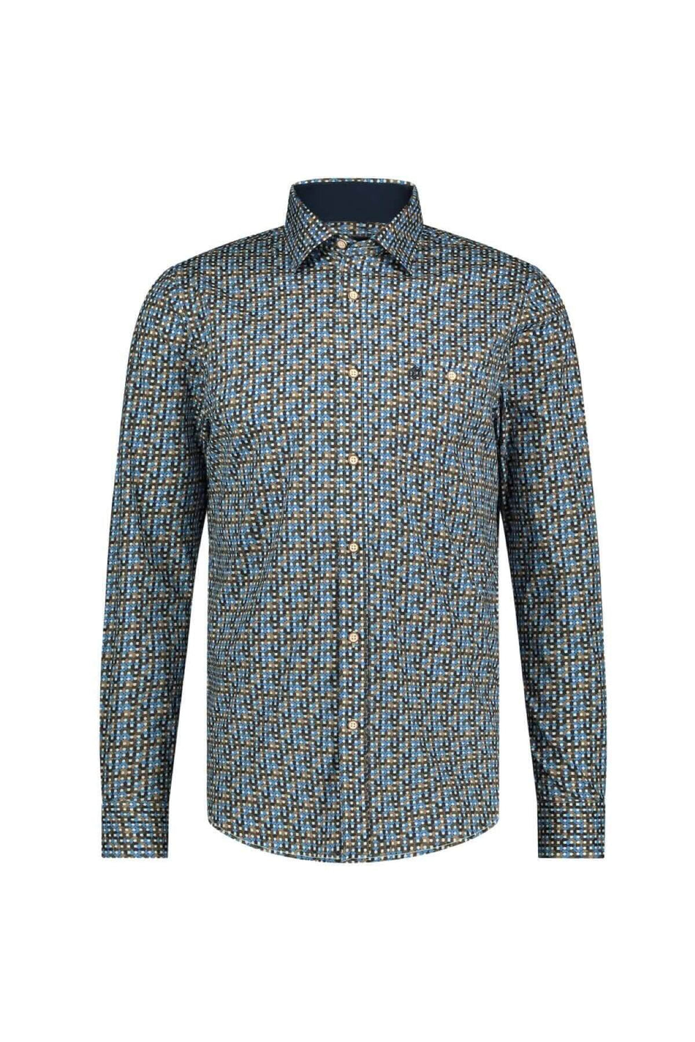Chemise imprimée à manches longues avec design de cercles et picots, coupe décontractée et poche poitrine.