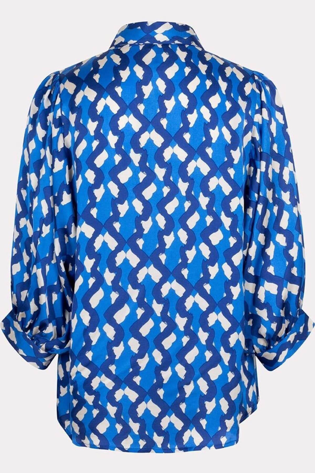 Chemise imprimée Utopia affichant un motif abstrait en bleu et blanc, avec des manches bouffantes et une finition satinée.