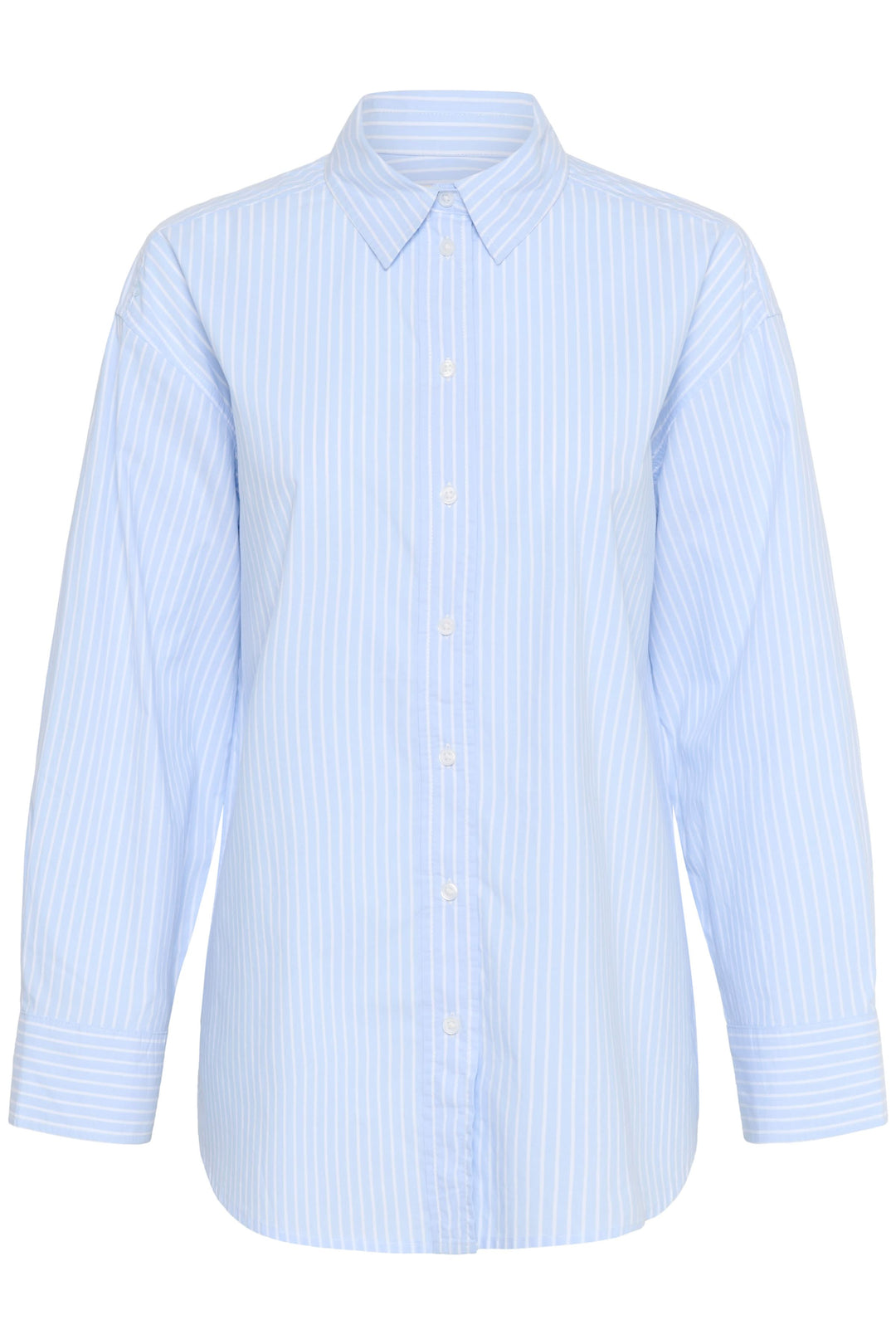 Chemise rayée Savanna bleue à rayures verticales, coupe ample, manches longues roulottées, col classique, tissu léger.