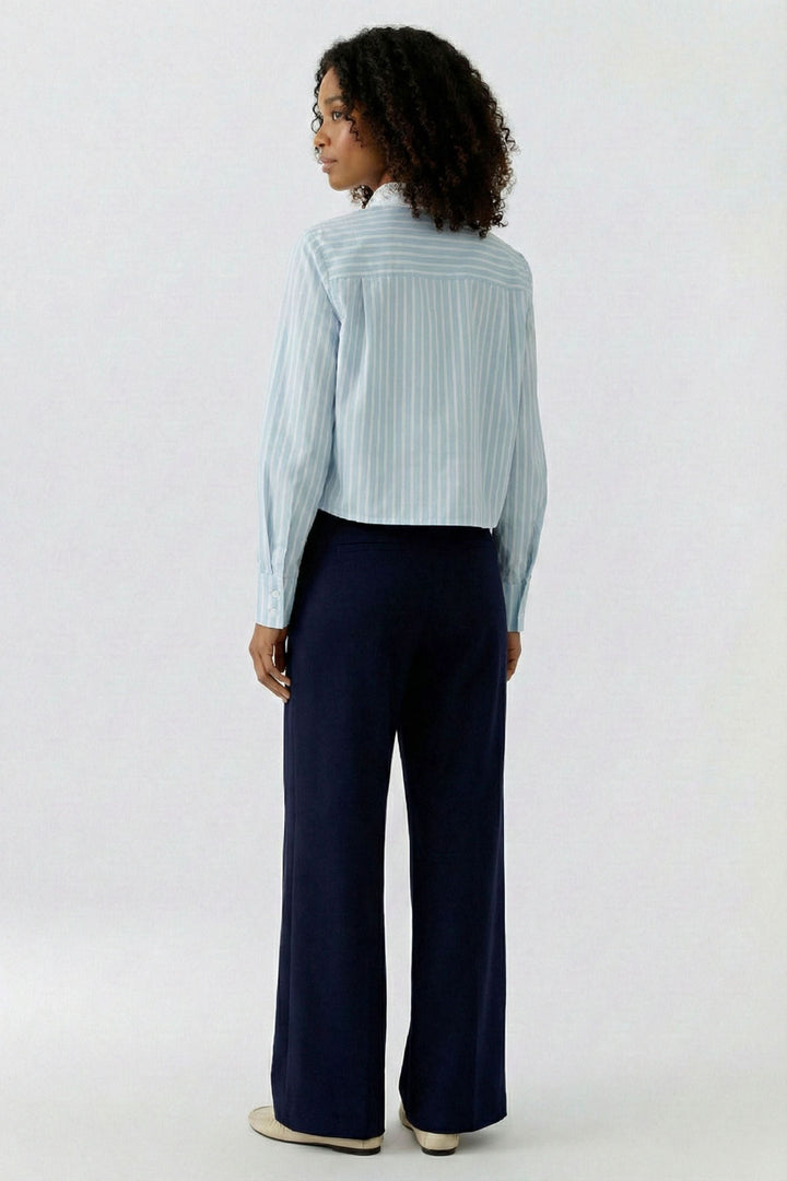 Femme portant une chemise rayée à col brodé, vue de dos, élégante et raffinée. Idéale pour le bureau ou un look habillé.