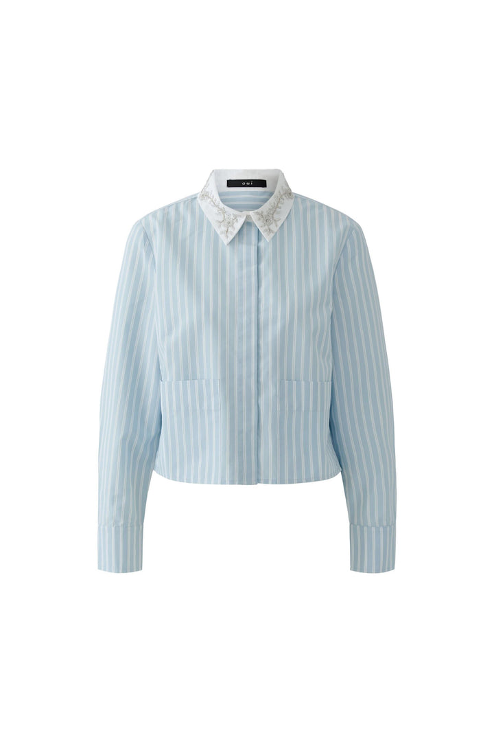 Chemise rayée à col brodé, élégante pièce féminine avec col brodé délicatement, chemise polyvalente pour bureau ou tenue habillée.