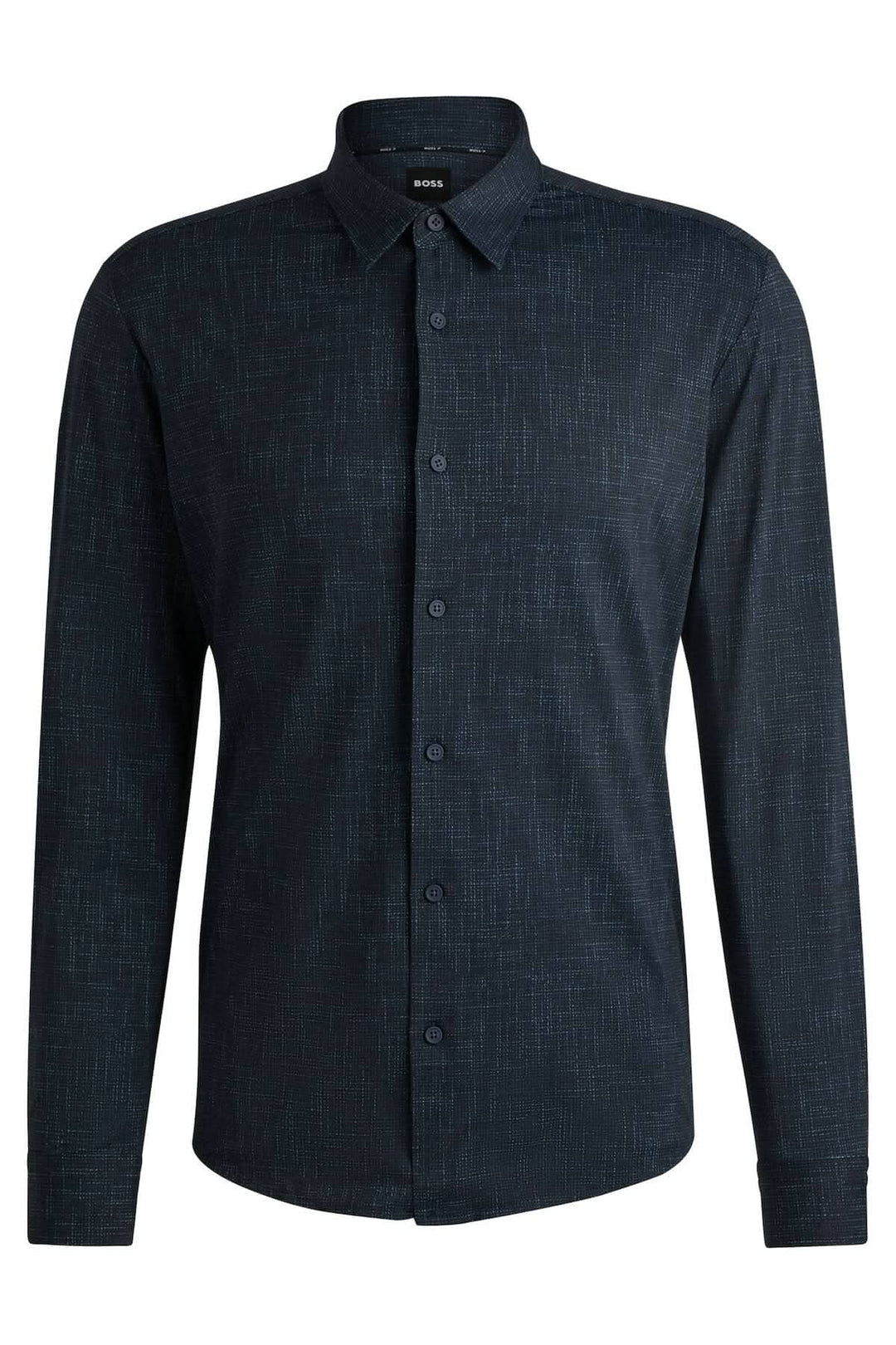 Chemise BOSS en tissu extensible, imprimé moderne, coupe étroite, col Kent, manches longues, coloris bleu foncé.
