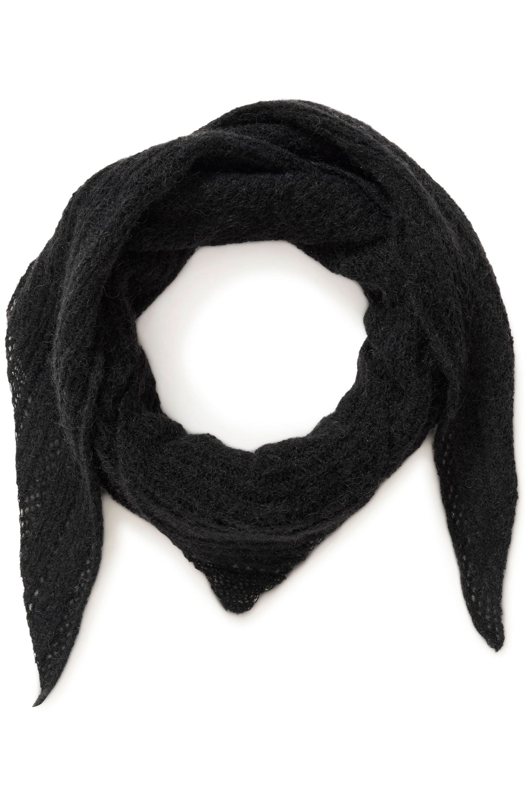 Foulard Sizze en tricot léger noir avec finition effilée, parfait pour un style minimaliste et moderne.