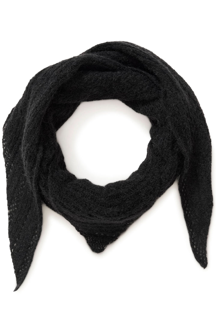 Foulard Sizze en tricot léger noir avec finition effilée, parfait pour un style minimaliste et moderne.