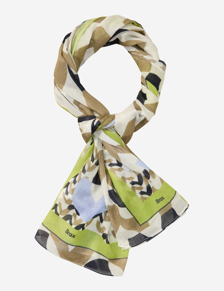 Foulard imprimé graphique JANINE avec formes géométriques fluides et couleurs modernes, accessoire polyvalent.