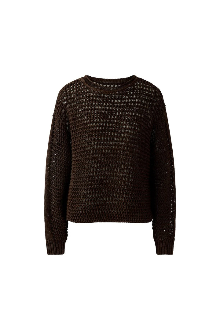 Pull tricoté marron à maille ouverte, idéal pour la saison automnale, offrant style et confort.