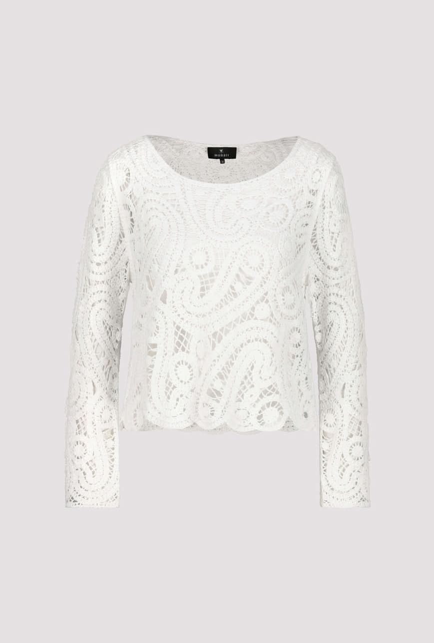 Chandail en crochet blanc, col rond, manches longues, motif unique et élégant pour une allure chic.