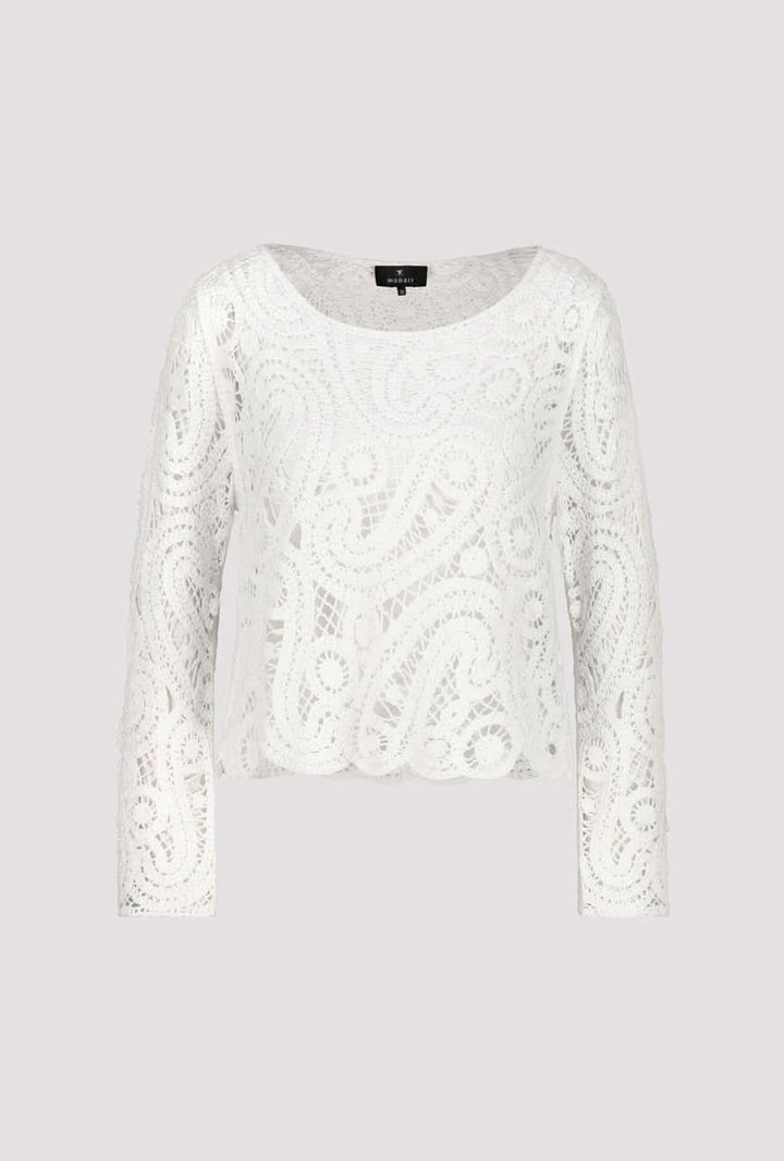 Chandail en crochet blanc, col rond, manches longues, motif unique et élégant pour une allure chic.