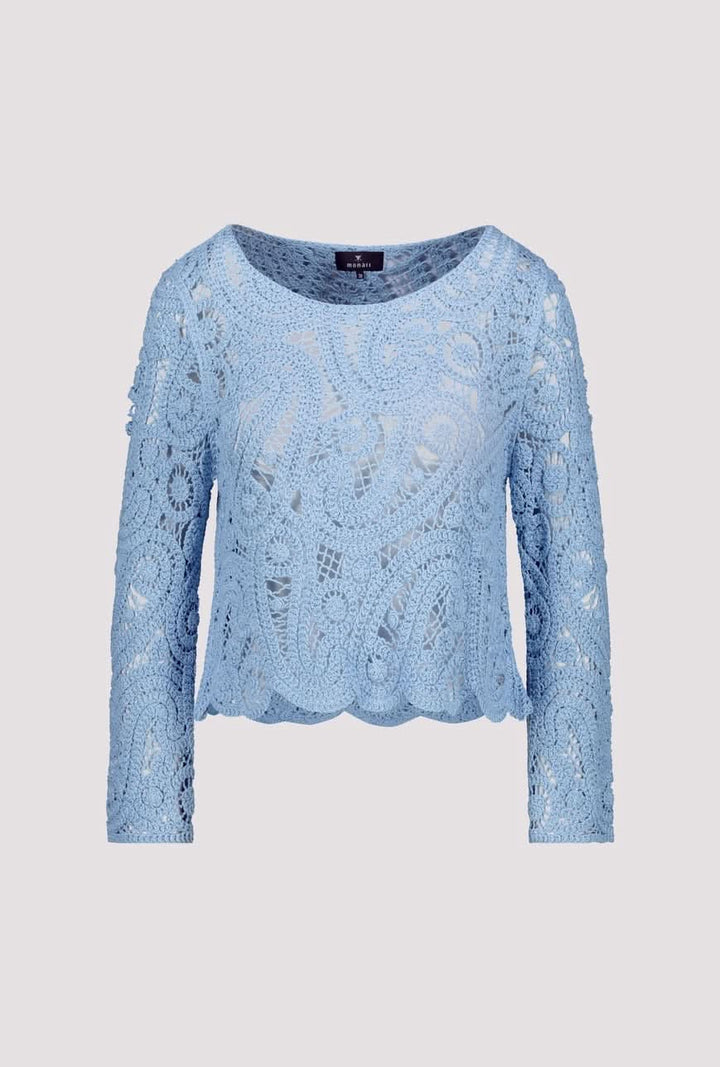 Chandail en crochet bleu, 100 % viscose, col rond et manches longues, élégant et confortable.