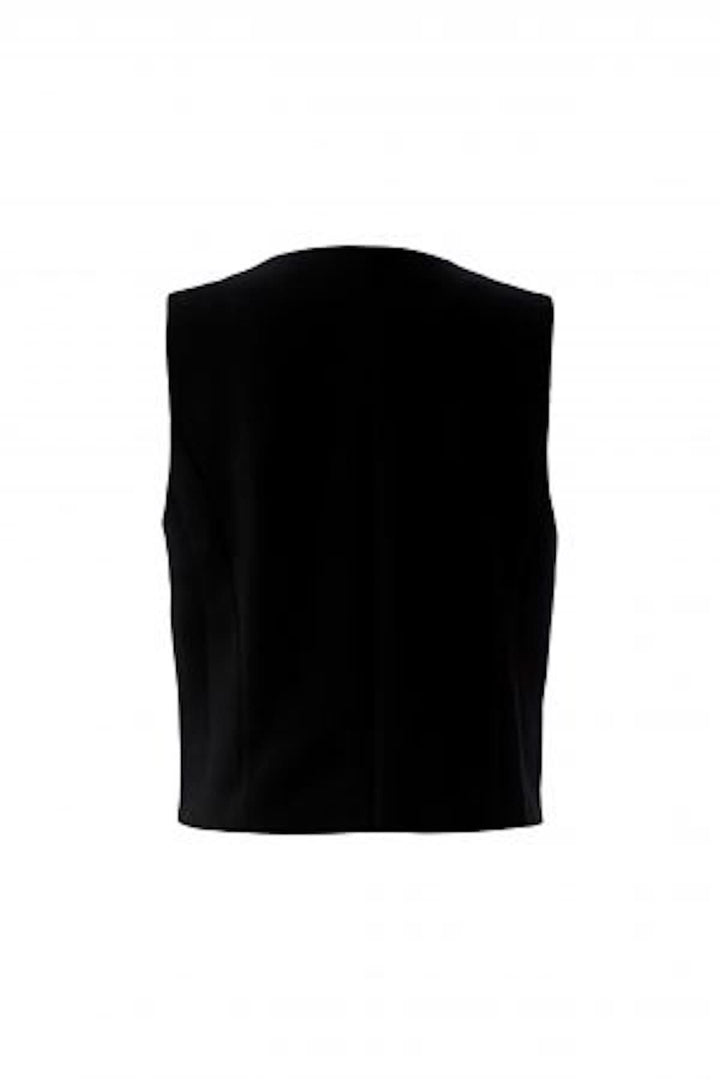 Haut sans manches boutonné noir avec coupe droite et encolure ronde, idéal pour une tenue moderne et élégante.