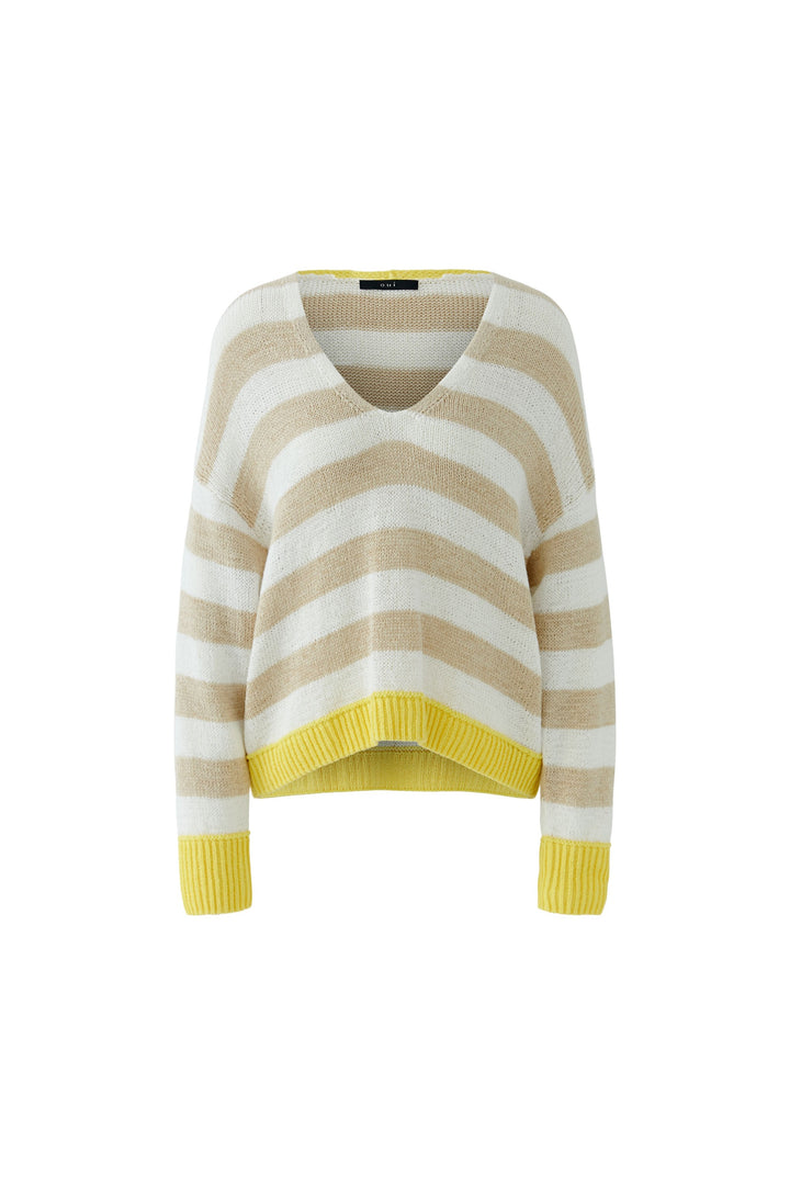 Haut tricot rayures modernes avec encolure ronde et manches longues, design confortable et dynamique pour un style décontracté ou soigné.