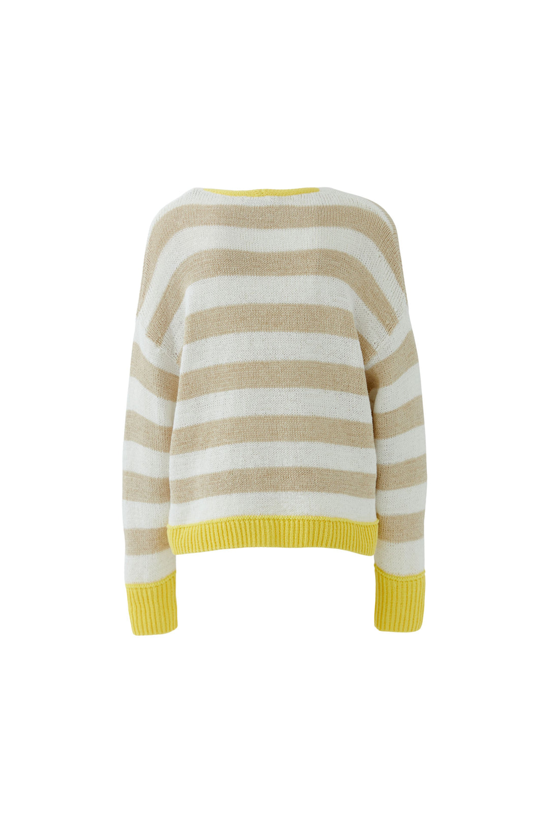 Haut tricot rayures modernes, coupe confortable avec encolure ronde, design à rayures et poignets colorés pour un look polyvalent.