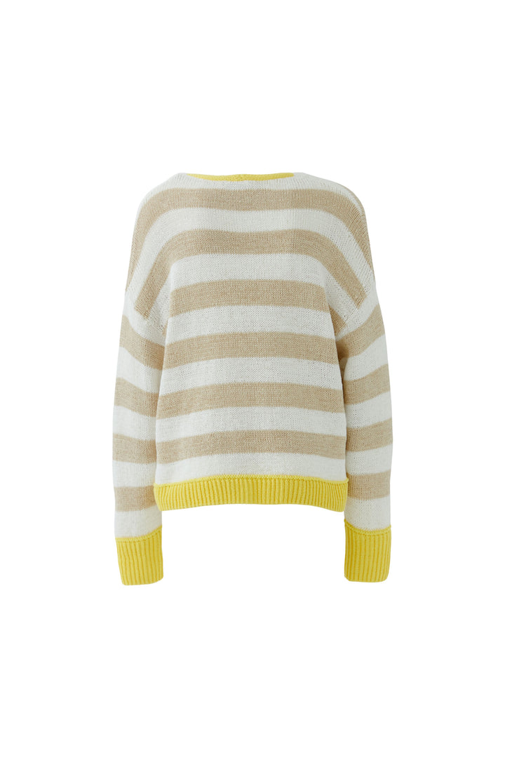 Haut tricot rayures modernes, coupe confortable avec encolure ronde, design à rayures et poignets colorés pour un look polyvalent.