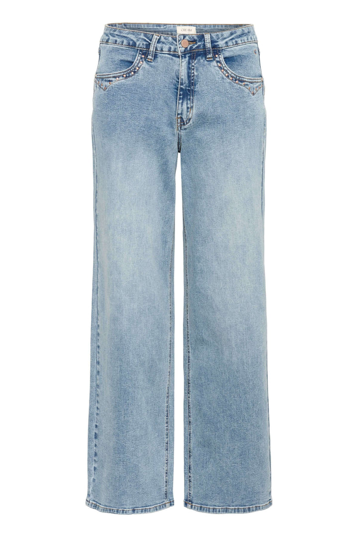 Jean Joani en denim délavé clair, coupe droite et évasée pour un style décontracté et moderne.