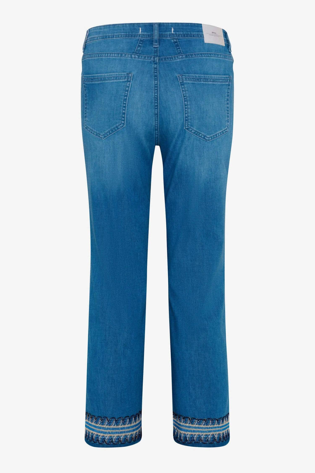 Jean Mary S pour femme avec broderie élégante, coupe bootcut et taille régulière, vue arrière.