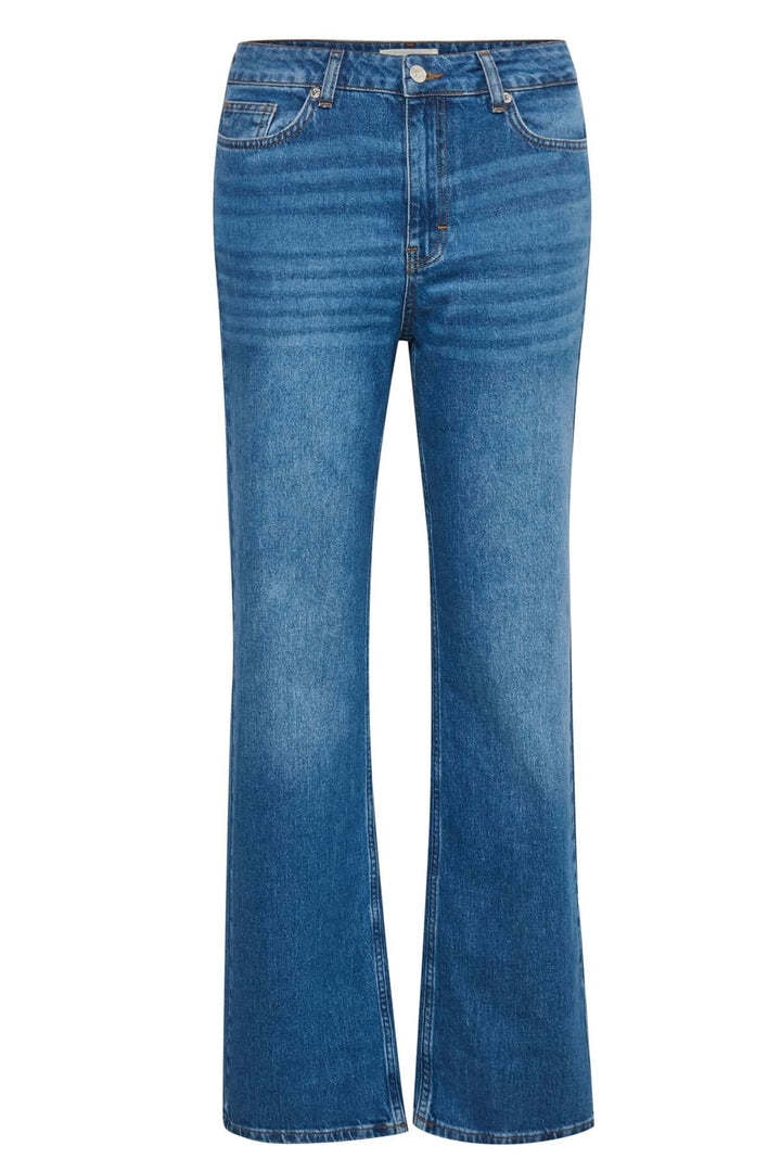 Jean Mollie en délavage bleu denim, taille mi-haute, jambes droites, cinq poches et coupe décontractée.