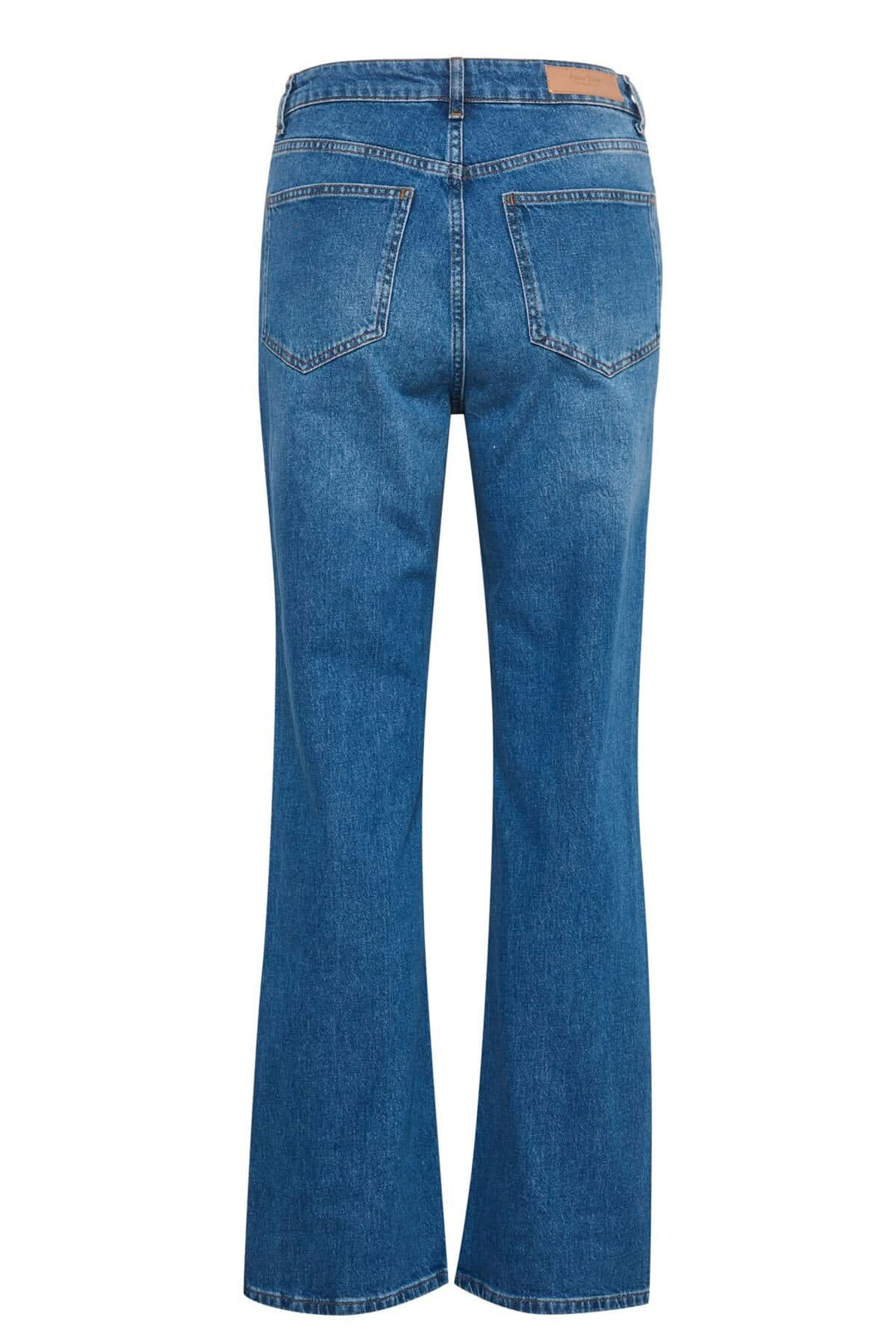 Jean Mollie, pantalon en denim bleu, vue arrière avec poches, taille mi-haute et jambes droites.