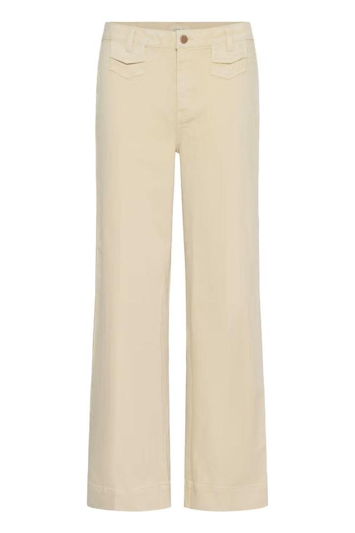 Jean Tilde coupe large taille haute beige avec poches avant, jambes longues droites, fermeture à bouton et glissière, passants de ceinture.